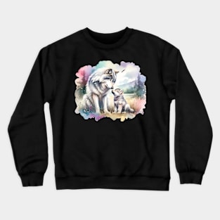 Mother Grey Wolf And Her Cub In Rocky Mountains Painting Crewneck Sweatshirt